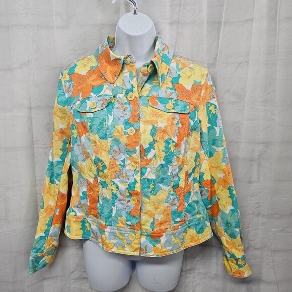 Nicole Miller Jacket Denim Floral Tropical Festival Casual Colorful 12 - Picture 1 of 12
